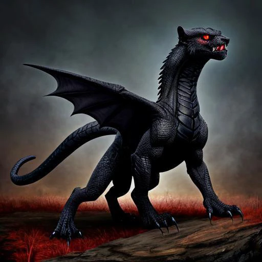 a pouncing panther-like wyvern with black scales, black fur and nightmarish red eyes, full body