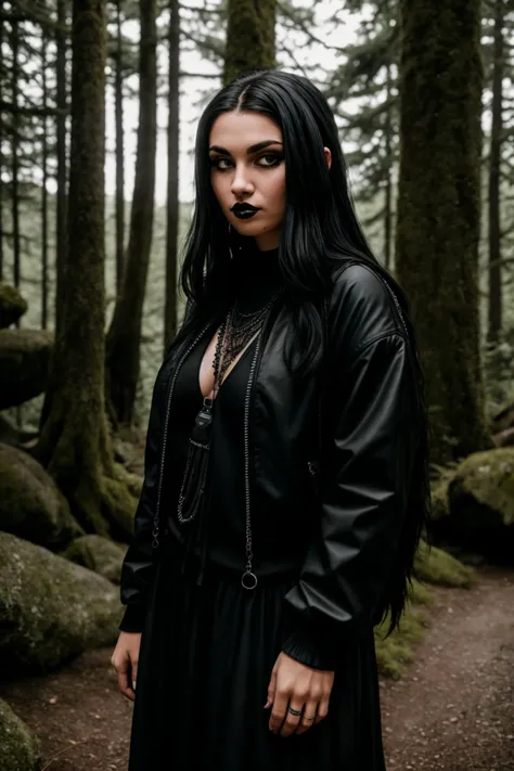 RAW photo, a portrait photo of goth woman, traveler clothes, standing in the forest, natural skin, 8k uhd, high quality, film grain, Fujifilm XT3