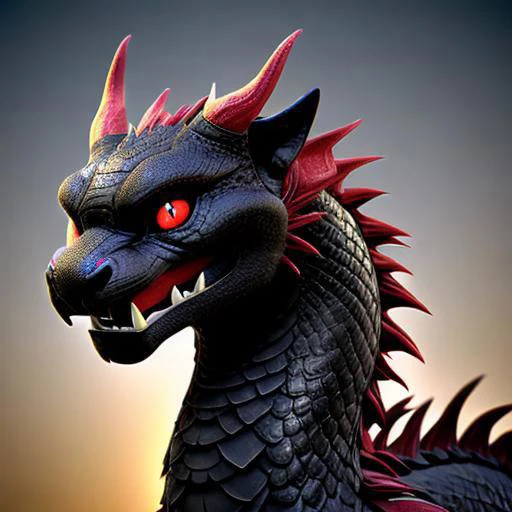 a panther-like wyvern with black scales, black fur and nightmarish red eyes