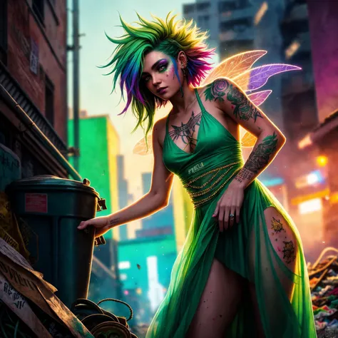 RAW photo, ((full body)), 1fairy, masterpiece, best quality, dynamic pos, ultra detailed, pale green glassed dress, glass body, fluid movement, light trail, dramatic lighting, green tone, long green hair, Photorealistic, Hyperrealistic, Hyperdetailed, analog style, detailed skin, matte skin, soft lighting, subsurface scattering, realistic, heavy shadow, masterpiece, best quality, ultra realistic, 8k, golden ratio, Intricate, High Detail, film photography, soft focus, in a punk style, piercings, tatoos, trash, garbages, color paint splats, coloured spoils, dust and scratches, punk crete, rainbow coloured hairs,synthwave,dark mood lighting