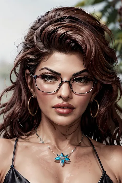 photorealistic, best quality, masterpiece, <lora:jacqueline:0.9>, portrait of jacqueline fernandez, necklace, glasses,