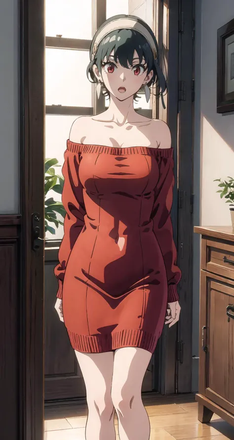 masterpiece, yor, 1girl, solo, looking at viewer, open mouth, black hair, red eyes, dress, bare shoulders, jewelry, collarbone, sidelocks, hairband, earrings, indoors, off shoulder, :o, sweater, arms behind back, plant, short hair with long locks, white hairband, off-shoulder dress, sweater dress, off-shoulder sweater, red sweater, big side hair, very long side hair, <lora:yor:1>
