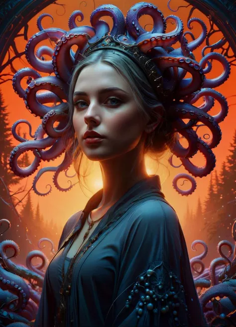 a very beautiful savage symmetric girl with many octopus embedded , fantastic forest, fantasy, ghosts, surrounded by roots, portrait, sharp focus, intricate, elegant, digital painting, artstation, matte, highly detailed, concept art, illustration, ambient lighting, (art by ilya kuvshinov, artgerm, alphonse mucha, and greg rutkowski:1.1), midsonmar <lora:PastelPunkXL:0.58> <lora:Particles_Style_SDXL:0.68> ais-particlez, subsurface scattering, Photorealistic, Hyperrealistic, analog style, realistic, film photography, soft lighting, heavy shadow