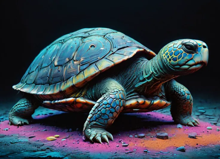 Gotti, Rabid, Turtle, Metal, JHawkk, JTtornado, Heico <lora:PastelPunkXL:0.8> <lora:Old_Style_SDXL:0.8> ais-olde, subsurface scattering, Photorealistic, Hyperrealistic, analog style, realistic, film photography, soft lighting, heavy shadow, Ombre color scheme of neon orange, neon pink, neon blue, neon yellow, neon green,