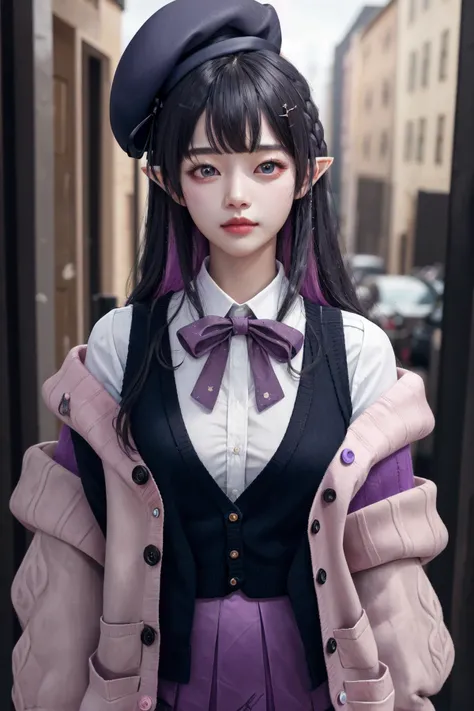 masterpiece, best quality, highres, 1girl hair ornament beret pointy ears, vest bow cardigan pink jacket off shoulder purple skirt white shirt <lora:sora_orbit:1> photorealistic