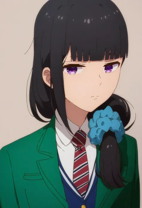 score_9, score_8_up, score_7_up, ç·ã¸ã£ã±ããã®é«æ ¡å¶æ \(ç¾¤å  ã¿ãã\), Green Jacket Highschool Uniform \(Gisuzu Gundou\), black hair, purple eyes, blue scrunchie, hair over one shoulder, closed mouth, blunt bangs, simple background, <lora:[V2]Misuzu-Gundou_XL:1>