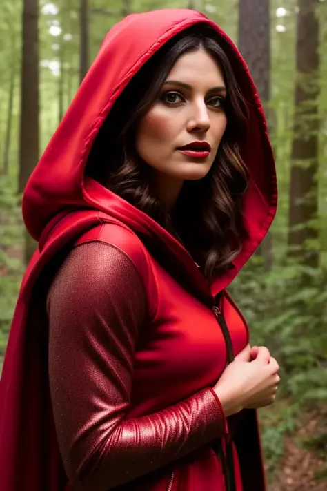 closeup portrait of a cute red riding hood in a dark forest, big bad wolf in background, (backlighting), realistic, masterpiece, highest quality, ((red hooded cape)), ((scared)), lens flare, shade, bloom, ((light sparkles)), [chromatic aberration], by Jeremy Lipking, by Antonio J. Manzanedo, by (Alphonse Mucha), digital painting