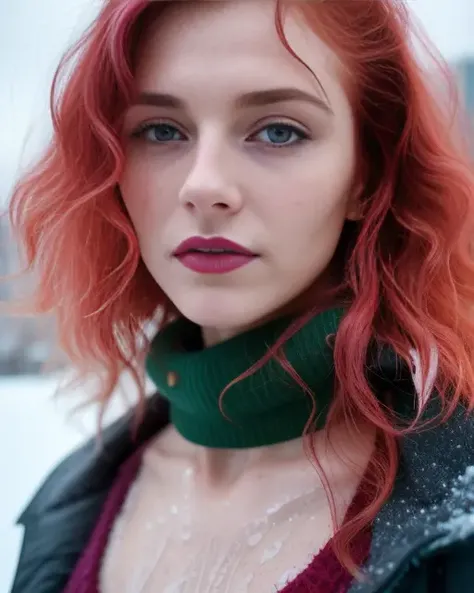 laura001, RAW photo of a close up portrait of a (wet), happy, light redhead, 18 yo,mature woman,wavy hair, teacher, busty,dark magenta lips, cleavage, hotel in the background, [brown | orange leather coat], slate atmosphere, cinematic, dimmed colors, dark shot, muted colors, film grainy, lut, insane details, intricate details, [[[freckles]]],amazing body, pronounced feminine feature, flirting with camera,light pink hair + messy, 60 yo mature woman, long hair, detailed beautiful face + detail skin pores, imperfect skin, dark sky, dark winter, snow, cloudy sky, ultra-detailed body, [nipples:0.5], wearing a very ugly sweater + shoulders, frontal pose