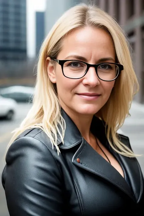 a close up portrait of a wet, happy, blond, 40 yo, teacher, glasses, busty, cleavage, hotel in the background, trenchcoat, slate atmosphere, cinematic, dimmed colors, dark shot, muted colors, film grainy, lut, insane details, intricate details, [[[freckles]]]