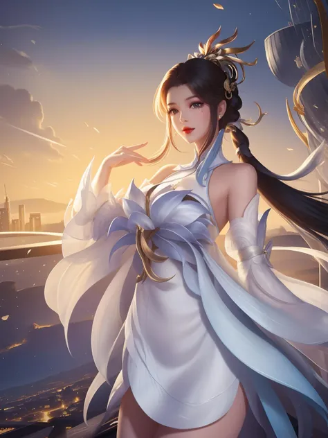 <lora:WZRYdaqiaoBLHSN_20230809192651:0.75>,WZRYdaqiaoBLHSN,1girl, mature female, night, cityscape, looking at viewer,white dress, hair bun,low ponytail, long hair,hair ribbon, cowboy shot, hair ornament,