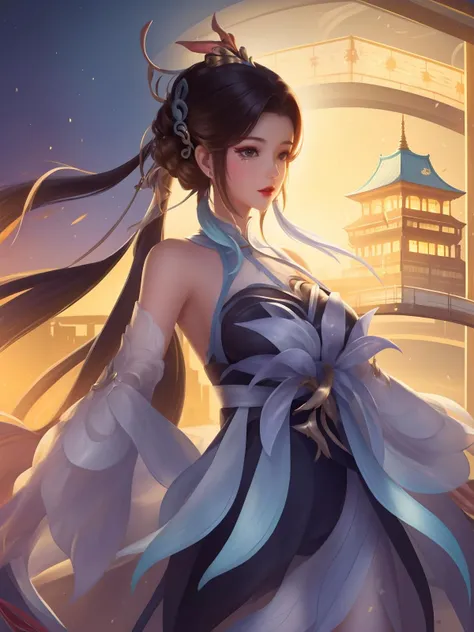 <lora:WZRYdaqiaoBLHSN_20230809192651:0.75>,WZRYdaqiaoBLHSN,1girl, mature female, night, cityscape, looking at viewer, dress, hair bun,low ponytail, long hair,hair ribbon, cowboy shot, hair ornament,