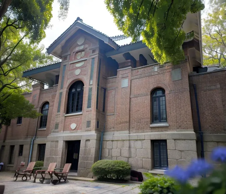 masterpiece, top quality, best quality, raw photo,wise hall,historic building ,detail,Raining, small chairs, small sun umbrellas, bushes of blue flowers, telephoto lens<lora:wisehall:0.9>