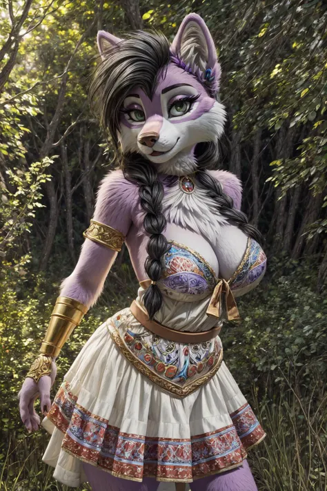 <lora:lupe-v1:1> lupe, perfect hourglass body, MILF, (detailed lilac fur:1.3), (perfect green eyes,), (detailed black hair), wolf tail, long side braid, medium sagging breast, head tilt,
(submissive:1.2), friendly invitation,
slavic dress,
(masterpiece:1.2), (best quality:1.2), (intricate:1.2), (highly detailed:1.2), (sharp:1.2), (8k:1.2), (highres:1.2),
cinematic light, vivid colors,
temperate glade, <lora:SlavicDress:0.7>