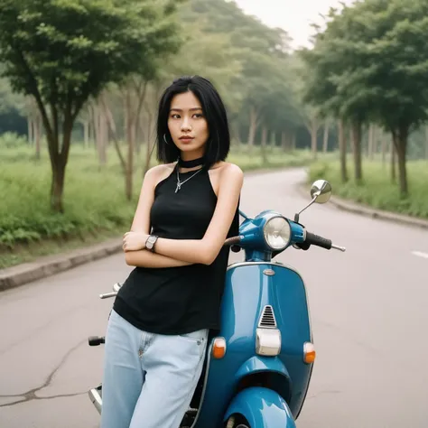 laptop,tatoo,Create a realistic scene featuring a solo girl with short black hair, She's holding a laptop in her hands,standing next to a white Vespa motorcycle of regular size on a road outdoors. possibly working or checking something on it. She's slightly blushing, perhaps from the thrill of a ride, and is dressed in a black tank top and blue denim shorts. Her brown lace-up boots are detailed with cross-laced footwear design. A choker adorns her neck, and a tattoo is prominently visible on her arm, adding to her edgy appearance. The Vespa motorcycle itself is a sleek ground vehicle, depicted in its normal size. Trees line the road, providing a natural backdrop. The scene should be captured with the clarity and detail of a high-resolution photograph, with lighting that emphasizes her pose, the texture of her clothing, the shine of the scooter, and the ambiance of the outdoor setting, <lora:mona:0.75>