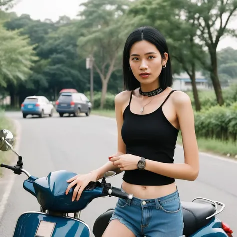 laptop,tatoo,Create a realistic scene featuring a solo girl with short black hair, She's holding a laptop in her hands,standing next to a white Vespa motorcycle of regular size on a road outdoors. possibly working or checking something on it. She's slightly blushing, perhaps from the thrill of a ride, and is dressed in a black tank top and blue denim shorts. Her brown lace-up boots are detailed with cross-laced footwear design. A choker adorns her neck, and a tattoo is prominently visible on her arm, adding to her edgy appearance. The Vespa motorcycle itself is a sleek ground vehicle, depicted in its normal size. Trees line the road, providing a natural backdrop. The scene should be captured with the clarity and detail of a high-resolution photograph, with lighting that emphasizes her pose, the texture of her clothing, the shine of the scooter, and the ambiance of the outdoor setting, <lora:mona:0.75>