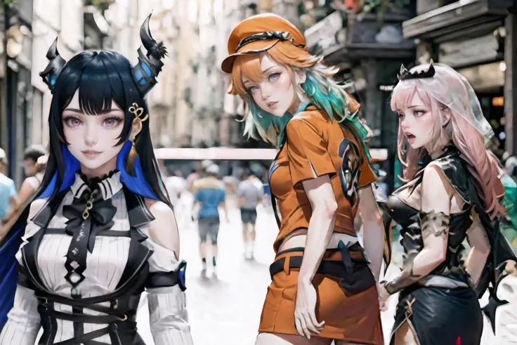 Highly detailed, High Quality, Masterpiece, beautiful, IncrsDistractedBoyfriendMeme, <lora:DistractedBoyfriendMeme:0.3>, multiple girls, 3girls,
BREAK NerissaRavencroft, horns, hair ornament, pink eyes, collared shirt, black skirt, garter straps, thighhighs, fur trim, detached sleeves, black gloves, <lora:NerissaRavencroft:1>,
BREAK, takanashi_kiara, purple eyes, feather earrings, orange headwear, orange shirt, orange miniskirt, white thighhighs, <lora:Char_VTuber_Kiara:0.7>, 1girl,
BREAK, mori calliope, tiara, veil, spikes, <lora:Char_VTuber_CalliopeMori:1>, 1girl, large breasts, open mouth, screaming,