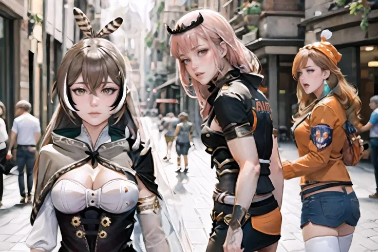 Highly detailed, High Quality, Masterpiece, beautiful, IncrsDistractedBoyfriendMeme, <lora:DistractedBoyfriendMeme:0.25>,
BREAK nanashi mumei, shirt, corset, cleavage cutout, cloak, ribbon, ponytail, very long hair, hairclip, feathers, knife, belt, partially fingerless gloves, <lora:mumei:1>,
BREAK, mori calliope, tiara, veil, spikes, <lora:Char_VTuber_CalliopeMori:0.9>, 1girl, large breasts,
BREAK takanashi_kiara, purple eyes, feather earrings, orange headwear, orange shirt, orange miniskirt, white thighhighs, <lora:Char_VTuber_Kiara:0.7>