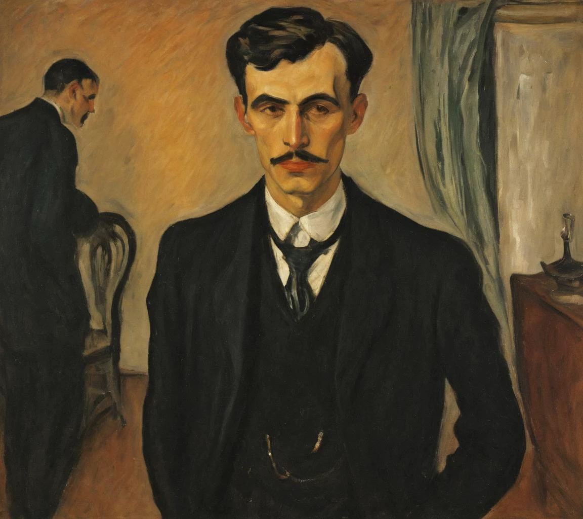 breathtaking <lora:FF-Style-Edvard-Munch-32:1> in the style of Edvard Munch, Edvard Munch style, Edvard Munch art, Edvard Muncha painting of a man in a suit standing in a room, edward munch, by Edvard Munch, by Gustaf MunchPetersen, by Lovis Corinth, by Munch, valentin serov style, by Erich Heckel, inspired by Gustaf MunchPetersen, by Chaim Soutine, by Max Beckmann, by Oskar Kokoschka . award-winning, professional, highly detailed