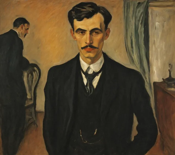 breathtaking <lora:FF-Style-Edvard-Munch-32:1> in the style of Edvard Munch, Edvard Munch style, Edvard Munch art, Edvard Muncha painting of a man in a suit standing in a room, edward munch, by Edvard Munch, by Gustaf MunchPetersen, by Lovis Corinth, by Munch, valentin serov style, by Erich Heckel, inspired by Gustaf MunchPetersen, by Chaim Soutine, by Max Beckmann, by Oskar Kokoschka   . award-winning, professional, highly detailed