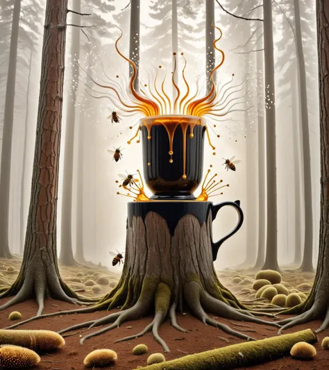 Surrealist art <lora:FF-Style-James_Gilleard:0.6> 4K photorealistic james gilleard illustration image of a coffee cup, but instead of ceramic, it's crafted from crystallized honey. When filled, steam rises in the shape of bees, creating a mesmerizing morning beverage experience. Dreamlike, mysterious, provocative, symbolic, intricate, detailed . digital artwork, illustrative, painterly, matte painting, highly detailed
, Colorless flakes, ("In the depths of the forest, ancient trees stand sentinel, guarding secrets whispered through the ages.":1.3) , award winning, hyperdetailed, epic fantasy, photolab, extremely beautiful, <lora:FF-Style-ESAO-Andrews-LoRA:0.40> <lora:FF-Style-Edvard-Munch-32:0.8> style of Edvard Munch, Edvard Munch style, Edvard Munch art, Edvard Munch . Dreamlike, mysterious, provocative, symbolic, intricate, detailed