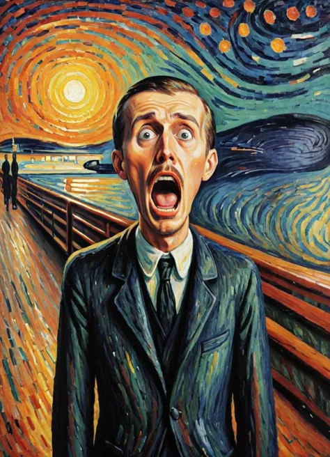 Pointillism style <lora:FF-Style-Edvard-Munch-32:1> in the style of Edvard Munch, Edvard Munch style, Edvard Munch art, edvard munchs the scream, the scream painting, inspired by Munch, inspired by Edvard Munch, the scream, inspired by Gustaf MunchPetersen, scream, by Munch, edward munch, by Edvard Munch, inspired by John Brack, portrait of mans terrified face, the man is screaming and sad, radioactive horror painting . Composed entirely of small, distinct dots of color, vibrant, highly detailed