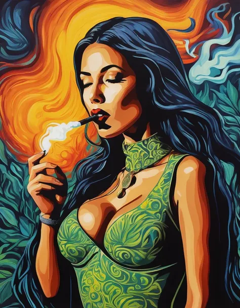 breathtaking <lora:FF-Style-Edvard-Munch-vpred:1> in the style of Edvard Munch, Edvard Munch style, Edvard Munch art, Edvard Munchedvard painting of a woman with a latex and a metal choker on neck smoking cigar, personification of marijuana, jahbu art, marijuana organic painting, cultivator, psychedelic organic shaman, marihuana, psychedelic shaman, plant spirit, in salvia divinorum, visionary art style, lowbrow art style, psychedelic art style, psychedelic art, vibrant cartoon art, . graphic illustration, comic art, graphic novel art, vibrant, highly detailed . award-winning, professional, highly detailed