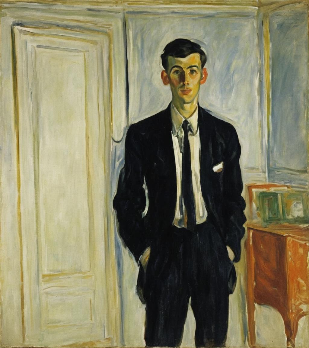 Pintura de un hombre con traje y corbata de pie en una habitación ...