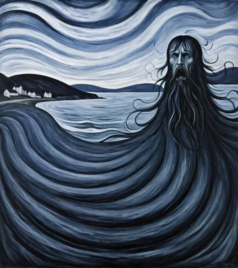 Surrealist art <lora:FF-Style-Edvard-Munch-32:0.9> in the style of Edvard Munch, (stylized by Benoît-Hermogaste Molin:1.3) , painting, Gyarados, Hairy, Clear skies, Confused, Colorless, <lora:FF-Style-Edvard-Munch-vpred:0.4>, Edvard Munch style, Edvard Munch art . Dreamlike, mysterious, provocative, symbolic, intricate, detailed