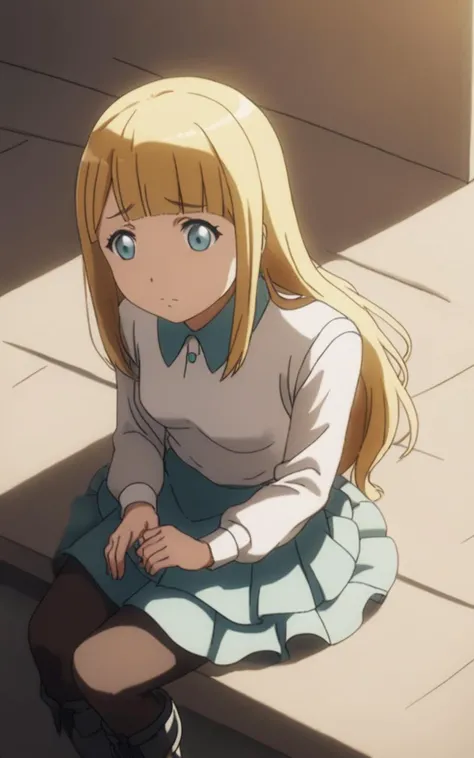 1girl <lora:sdxl-ol-tuareninya:0.8> tuareninya, blonde hair, long hair, blunt bangs, sidelock, turquoise eyes, small breasts, (troubled eyebrows:0.6), whiskers, clear gray collared_shirt aqua layered skirt pantyhose thigh high boots, reaching out, looking away, wide shot from above sitting, wind poem, Warm Light, warm light sunset, rays light sparkles lens flare deep shadows, depth of field peerless scenery sentimental, extremely quality extremely detailed, illustration, cute anime face