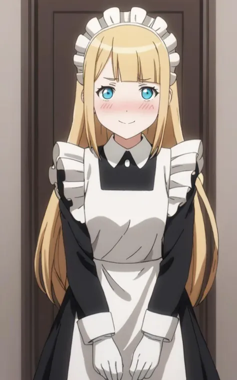 1girl <lora:sdxl-ol-tuareninya:0.7> tuareninya, blonde hair, long hair, blunt bangs, sidelock, turquoise eyes, small breasts, (troubled eyebrows:0.6), embarrassed nose blush smile +++ maid, long sleeve, black long skirt, white apron, headdress, white socks, shoes, white glove +++ Aristocratic mansion entrance chandelier, Portrait-on-wall , masterpiece 8k_wallpaper
