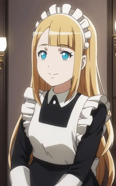 1girl  <lora:sdxl-ol-tuareninya:0.8> tuareninya, blonde hair, long hair, blunt bangs, sidelock, turquoise eyes, small breasts, (troubled eyebrows:0.6), Smiling  +++ maid, long sleeve, black long skirt, white frilled apron, headdress, white socks, shoes, white glove +++ Aristocratic mansion entrance chandelier, Portrait-on-wall , extremely quality extremely detailed, illustration, cute anime face