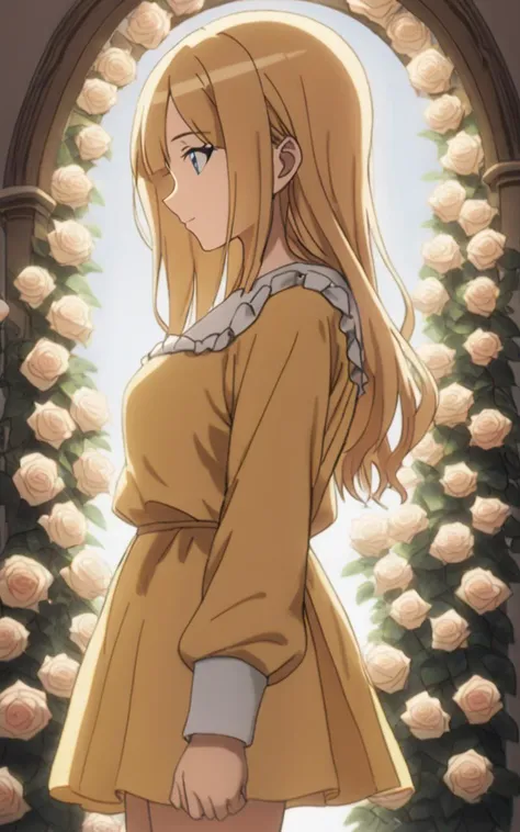 1girl <lora:sdxl-ol-tuareninya:0.8> tuareninya, yellow jumpsuit slouch socks loafer, from below, looking to the side, Profile Shot, rose garden fantastic strong light wind light coming in, (royal garden rose) many rose, British Garden Rose Arch
