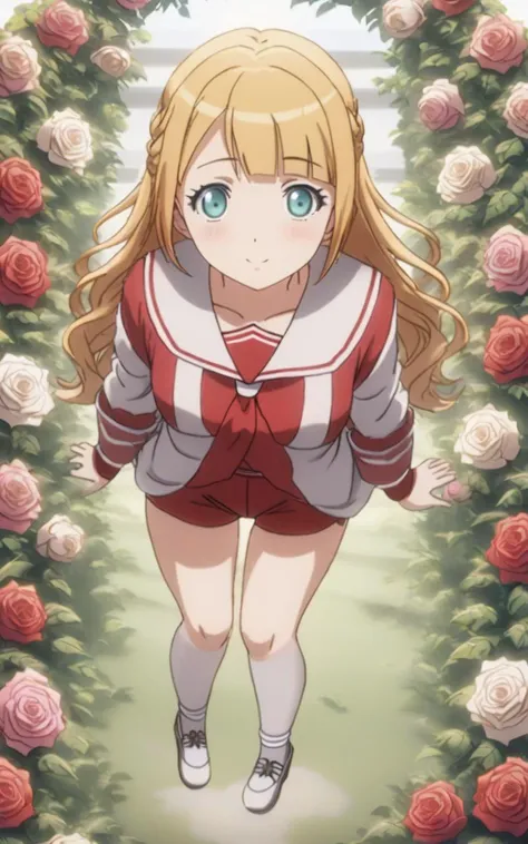 1girl  <lora:sdxl-ol-tuareninya:0.8> tuareninya, transparency red sailor shirt, gray ribbon red hotpants  socks leather shoes, hip focus, look up to, High Angle, rose garden fantastic strong light wind light coming in, (royal garden rose) many rose, British Garden Rose Arch