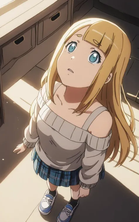 1girl <lora:sdxl-ol-tuareninya:0.8> tuareninya, blonde hair, long hair, blunt bangs, sidelock, turquoise eyes, small breasts, (troubled eyebrows:0.6), Excited, light starry print off-shoulder sweater multicolored checked skirt, drawers slouch socks Deck shoes, From Up, looking up, Low Angle, Valley of Dragons, Daylight, warm light sunset, rays light sparkles lens flare deep shadows, depth of field peerless scenery sentimental, extremely quality extremely detailed, illustration, cute anime face