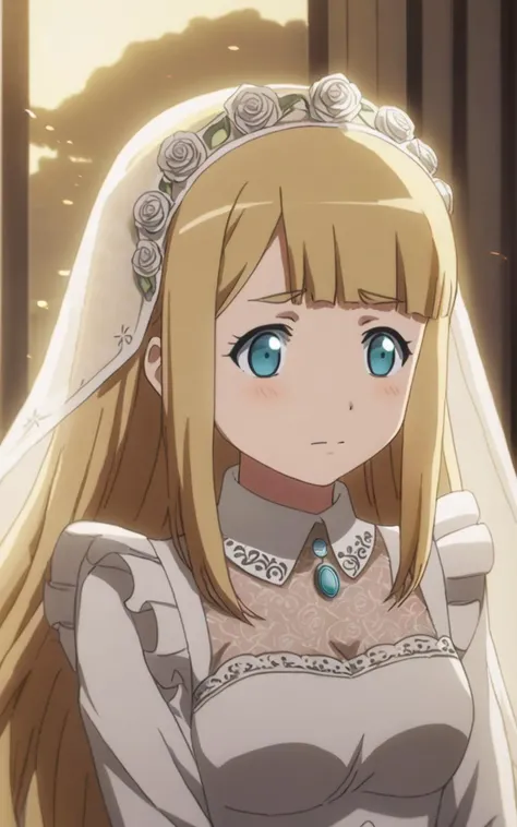 1girl <lora:sdxl-ol-tuareninya:0.8> tuareninya, blonde hair, long hair, blunt bangs, sidelock, turquoise eyes, small breasts, (troubled eyebrows:0.6), Jubilant, Gothic Amusement Park, on back, looking away, portrait, warm light sunset, rays light sparkles lens flare deep shadows, depth of field peerless scenery sentimental, Wedding dress veil church, extremely quality extremely detailed, illustration, cute anime face