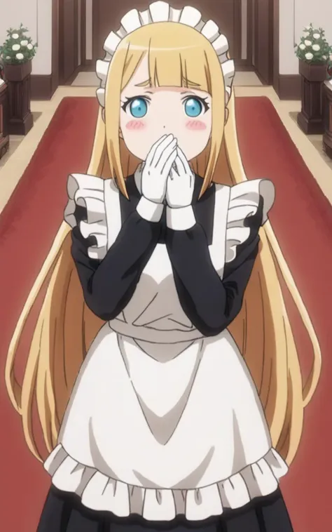 1girl <lora:sdxl-ol-tuareninya:0.8> tuareninya, blonde hair, long hair, blunt bangs, sidelock, turquoise eyes, small breasts, (troubled eyebrows:0.6), Jubilant blush-stickers, Covering mouth with hand +++ maid, long sleeve, black long skirt, white frilled apron, headdress, white socks, shoes, white glove +++ Aristocratic mansion red carpet, corridors Statue Vase of roses , extremely quality extremely detailed, illustration, cute anime face