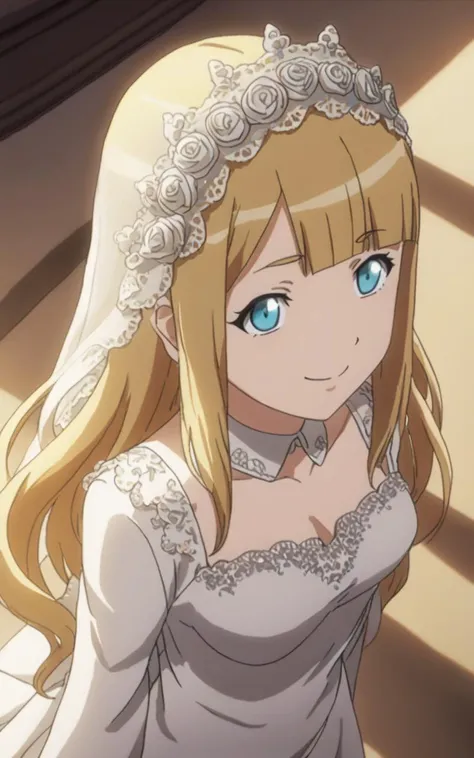 1girl <lora:sdxl-ol-tuareninya:0.8> tuareninya, blonde hair, long hair, blunt bangs, sidelock, turquoise eyes, small breasts, (troubled eyebrows:0.6), kind smile, Vampire Aristocratfs Mansion, from above, looking up, , warm light sunset, rays light sparkles lens flare deep shadows, depth of field peerless scenery sentimental, Wedding dress veil church, extremely quality extremely detailed, illustration, cute anime face