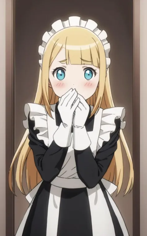 1girl <lora:sdxl-ol-tuareninya:0.7> tuareninya, blonde hair, long hair, blunt bangs, sidelock, turquoise eyes, small breasts, (troubled eyebrows:0.6), Excited blush-stickers, Covering mouth with hand +++ maid, long sleeve, black long skirt, white apron, headdress, white socks, shoes, white glove +++ Aristocratic mansion entrance chandelier, Portrait-on-wall , masterpiece 8k_wallpaper
