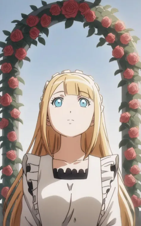 1girl <lora:sdxl-ol-tuareninya:0.8> tuareninya, gradient dirndl, apron, white blouse loose socks Wedges, hip focus, look up to, portrait, rose garden fantastic strong light wind light coming in, (royal garden rose) many rose, British Garden Rose Arch