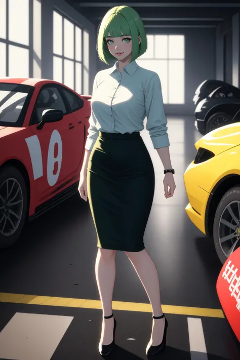 (masterpiece, best quality, highest quality, 8k, raytracing, HDR, UHD:1.4), full body
BREAK wearing a business suit with a pencil skirt, pantyhose, high heels, standing next to race cars in a garage, fire extinguisher, race track, gold trophy
BREAK (bob cut with blunt bangs, light green hair, green eyes:1.4)