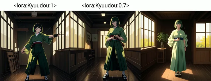 (masterpiece, best quality, highest quality, 8k, raytracing, HDR, UHD, Victorian oil painting style:1.4)
BREAK (full body:1.3) shot of a girl holding a bow and arrow, holding bow \(weapon\), holding arrow \(projectile\), archery, kyuudou, kai <lora:Kyuudou:1>
BREAK (bob cut, blunt bangs, light green hair, green eyes:1.4)
BREAK (wearing a white kimono, blue hakama, red muneate, partially fingerless glove:1.3)
BREAK (standing in a large room, wooden floors, shiny floor, large window, cityscape:1.3)