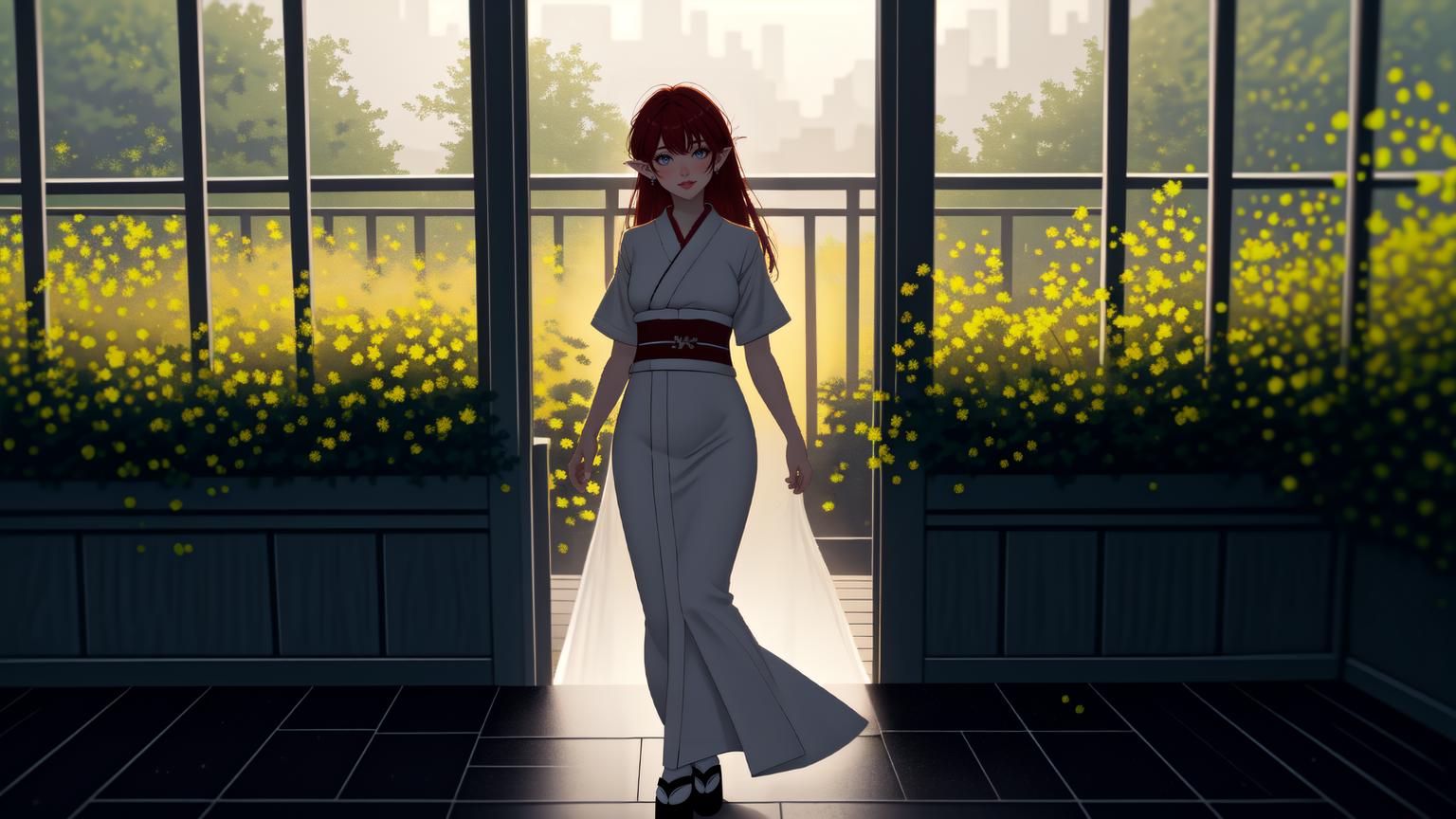 Anime girl in white kimono standing in front of a window - SeaArt AI