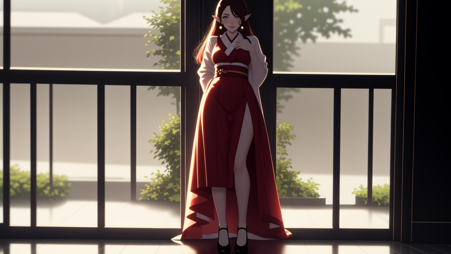 Anime girl in red dress standing in front of a window - SeaArt AI