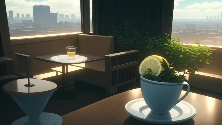 A café table with matcha cake and mint custard drinks