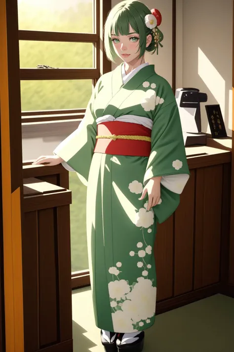 (masterpiece, highest quality, best quality, UHD, HDR, raytracing, 8k, 1girl, solo:1.4)
BREAK (full body:1.4) shot of a woman in a kimono walking in a Japanese teashop, green tea, teacups, large window with a view of the village, winter, snow falling
BREAK (light green hair, green eyes, medium breasts, bobcut with blunt bangs, floral hair ornaments:1.4)
BREAK (kimono with intricate patterns, traditional Japanese clothes:1.45), obi, sash, tabi, geta <lora:Victorian Anime Art v 2.0:0.3> <lora:new_hefu_:0.5>