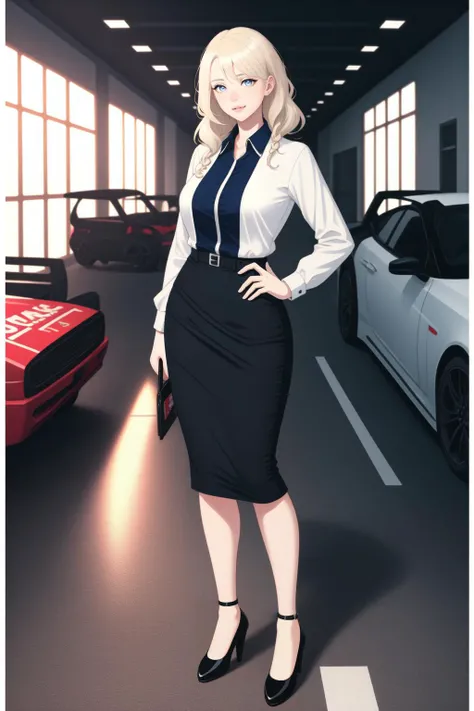 (masterpiece, best quality, highest quality, 8k, raytracing, HDR, UHD:1.4), full body
BREAK wearing a business suit with a pencil skirt, pantyhose, high heels, standing next to race cars in a garage, fire extinguisher, race track, gold trophy
BREAK (platinum blonde hair, blue eyes, wavy hair with side braid:1.4)