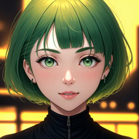 (masterpiece, highest quality, best quality, UHD, HDR, raytracing, 8k:1.4)
BREAK (portrait of a cute girl, light green hair, green eyes, bobcut with blunt bangs:1.3)
BREAK gorgeous smile, gorgeous face, mascara, eyeliner, lip gloss, eyeshadow, blush
BREAK beautiful eyes, long eyelashes
BREAK cafe in the background, plants, cityscape