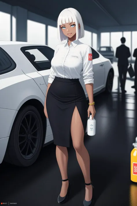 (masterpiece, best quality, highest quality, 8k, raytracing, HDR, UHD:1.4), full body
BREAK wearing a business suit with a pencil skirt, pantyhose, high heels, standing next to race cars in a garage, fire extinguisher, race track, gold trophy
BREAK (dark skin, dark-skinned female with blue eyes, white hair with blunt bangs:1.4)