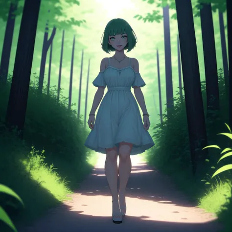 (masterpiece, best quality, highest quality, raytracing, HDR, full body:1.4)
BREAK Victorian, walking along a mountain path, pine trees, dirt road, white lace dress with spaghetti straps, pearl bracelet, pearl necklace, hair ornament, white sandals with diamonds
BREAK (bob cut with blunt bangs, light green hair, green eyes:1.4)