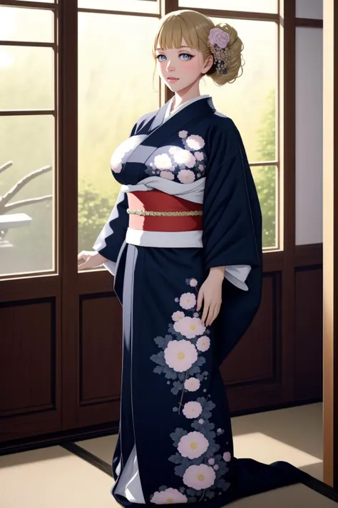 (masterpiece, highest quality, best quality, UHD, HDR, raytracing, 8k, 1girl, solo:1.4)
BREAK (full body:1.4) shot of a woman in a kimono walking in a Japanese teashop, green tea, teacups, large window with a view of the village, winter, snow falling
BREAK (blonde hair, blue eyes, massive breasts, updo with blunt bangs, floral hair ornaments:1.4)
BREAK (kimono with intricate patterns, traditional Japanese clothes:1.45), obi, sash, tabi, geta <lora:Victorian Anime Art v 2.0:0.3> <lora:new_hefu_:0.5>